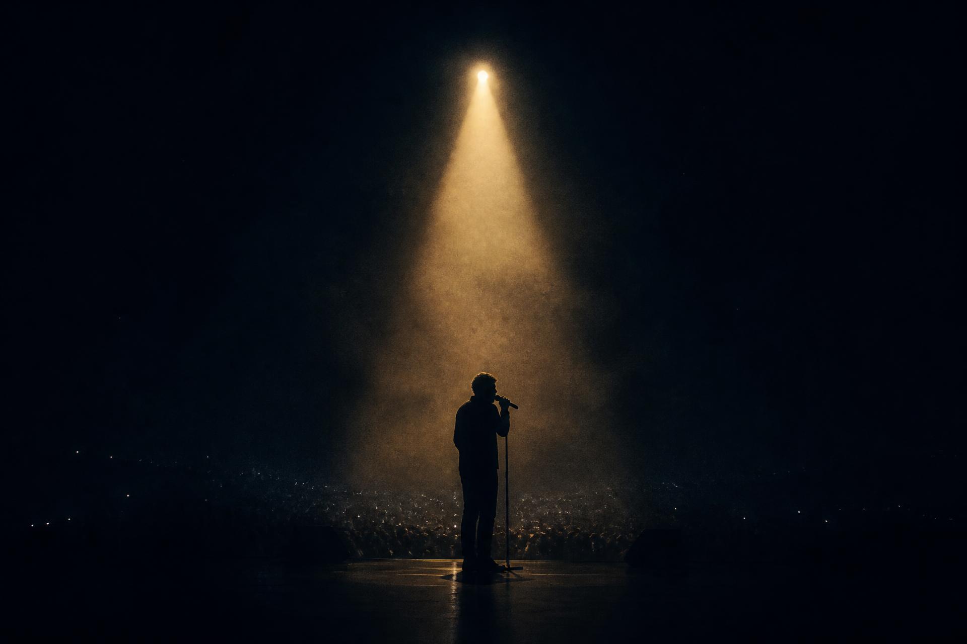 A darkened concert hall lit by a single spotlight